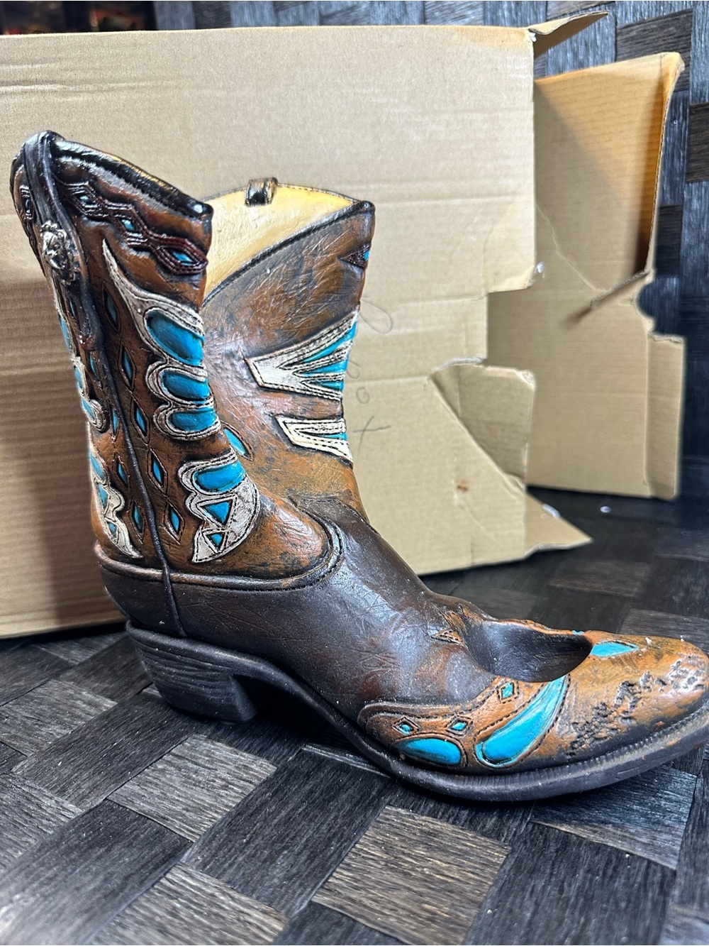 Decorative Brown and Turquoise Cowboy Boot Wine Bottle Holder